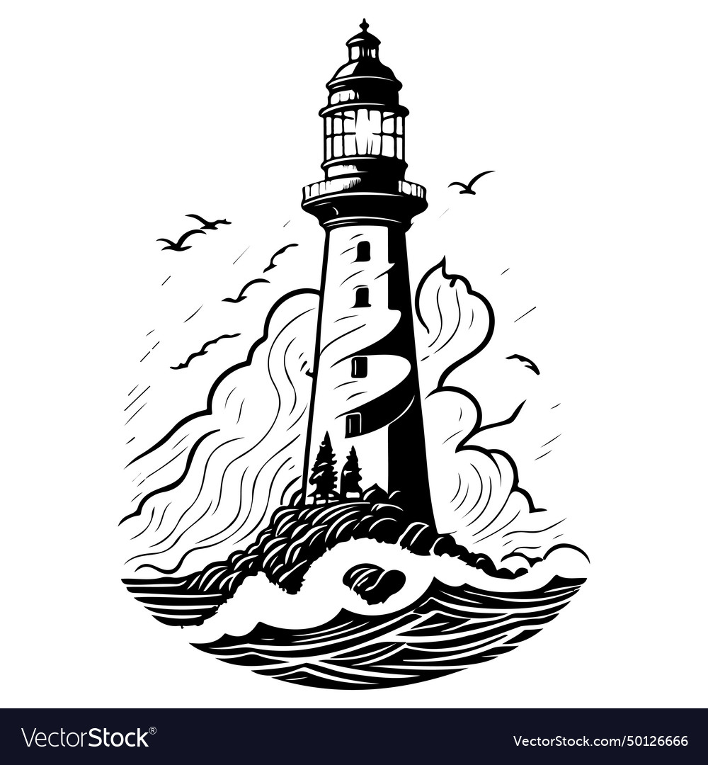 Lighthouse in the middle of sea sketch draw Vector Image Lighthouse in the middle of sea sketch draw