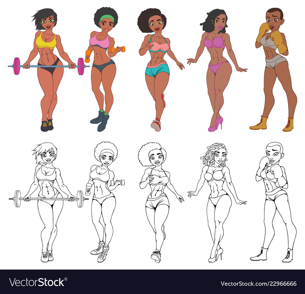 Set Of Sports Fitness Girls Of Afro American Women