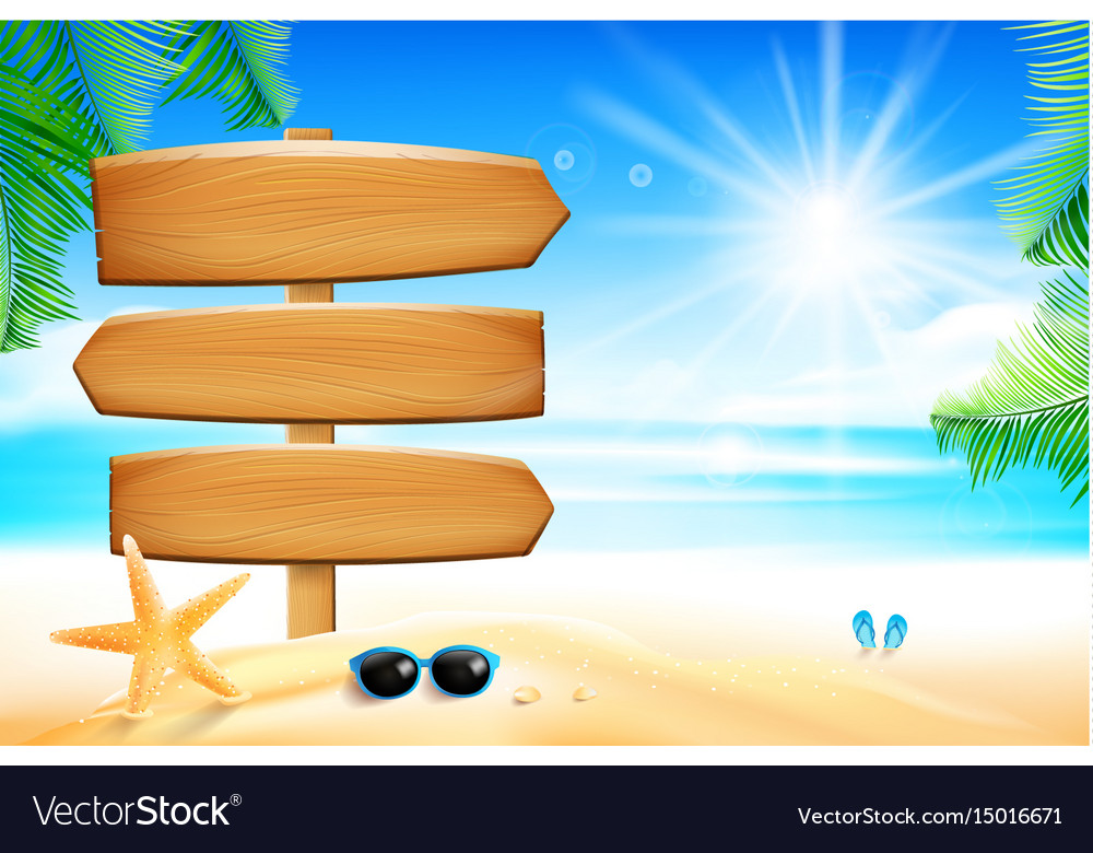 Blank wooden sign with starfish flower palm leaf
