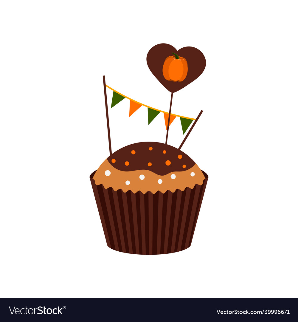 Cupcake with pumpkin on decoration and garland