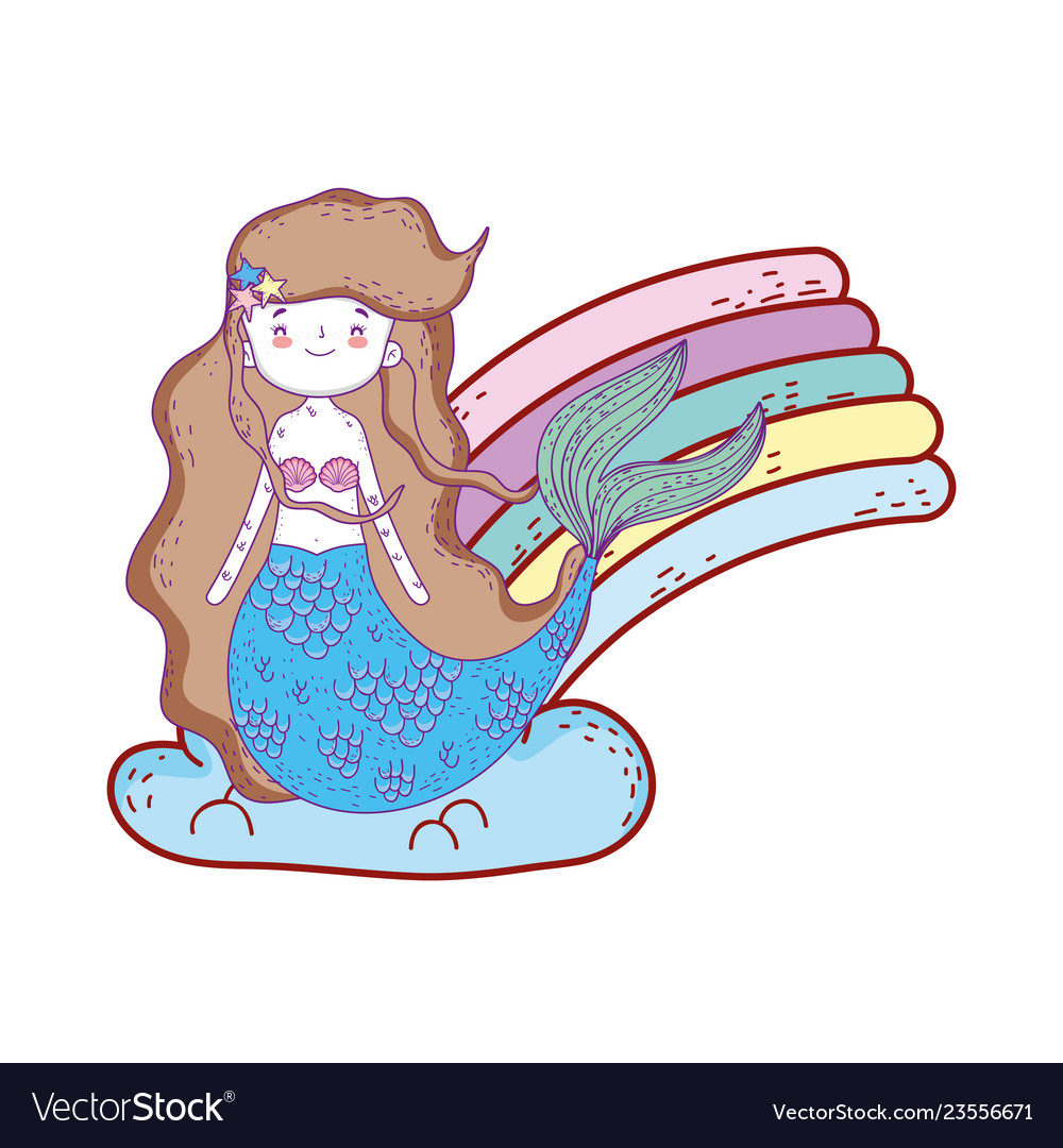 Cute mermaid with clouds and rainbow