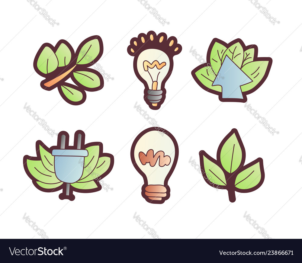 Save energy cartoon icons green leaves