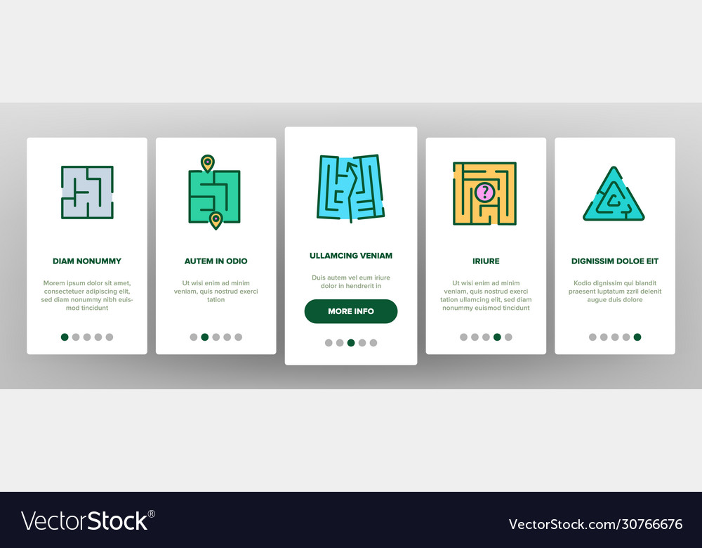 Maze puzzle different onboarding icons set