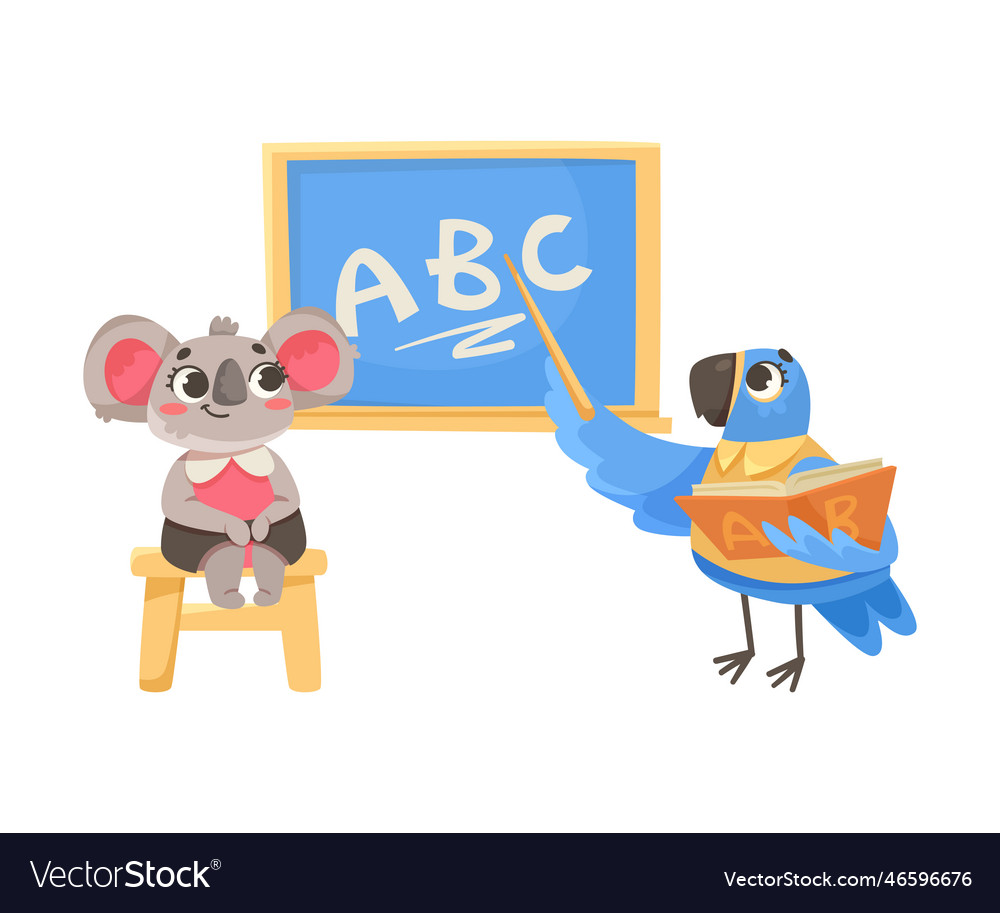 Parrot and koala student with pointer