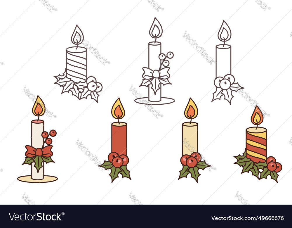 Set of outline and colorful christmas candles