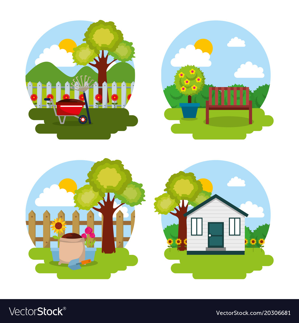 Garden natural theme tree flowers house bench and Vector Image