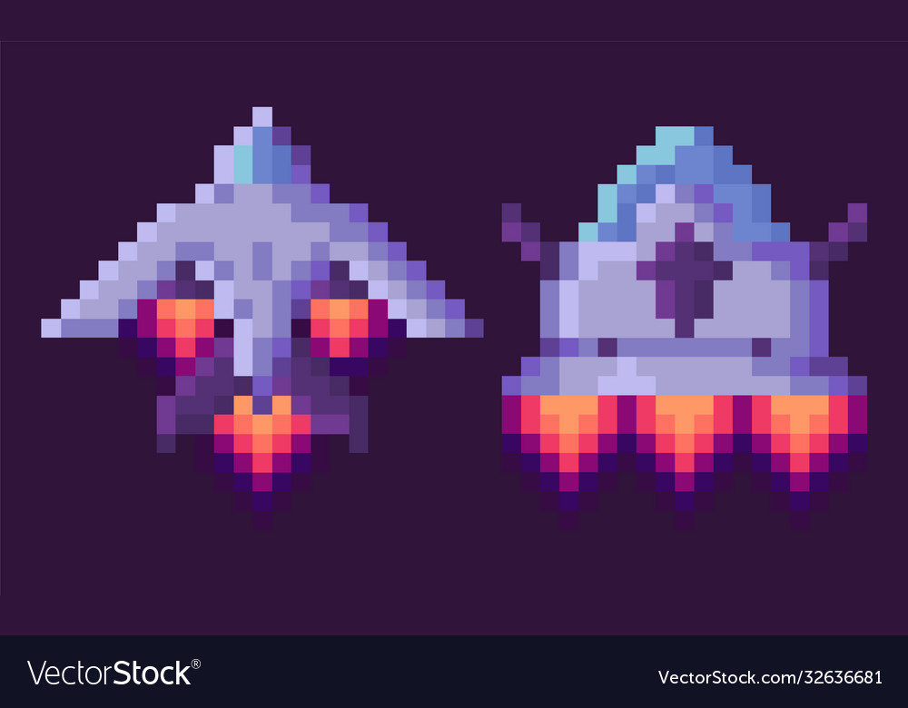 Pixel game spaceship transportation floating set