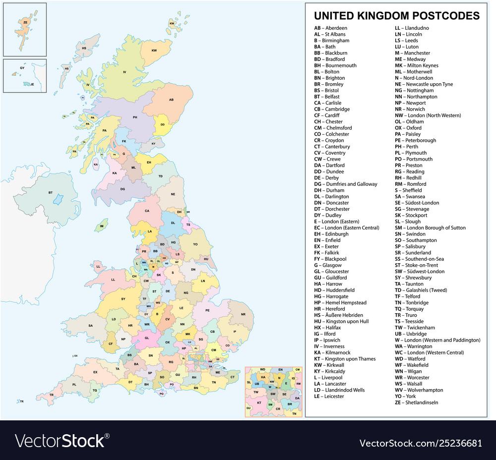 United Kingdom Postcodes Or Postal Codes Map Vector Image 9856