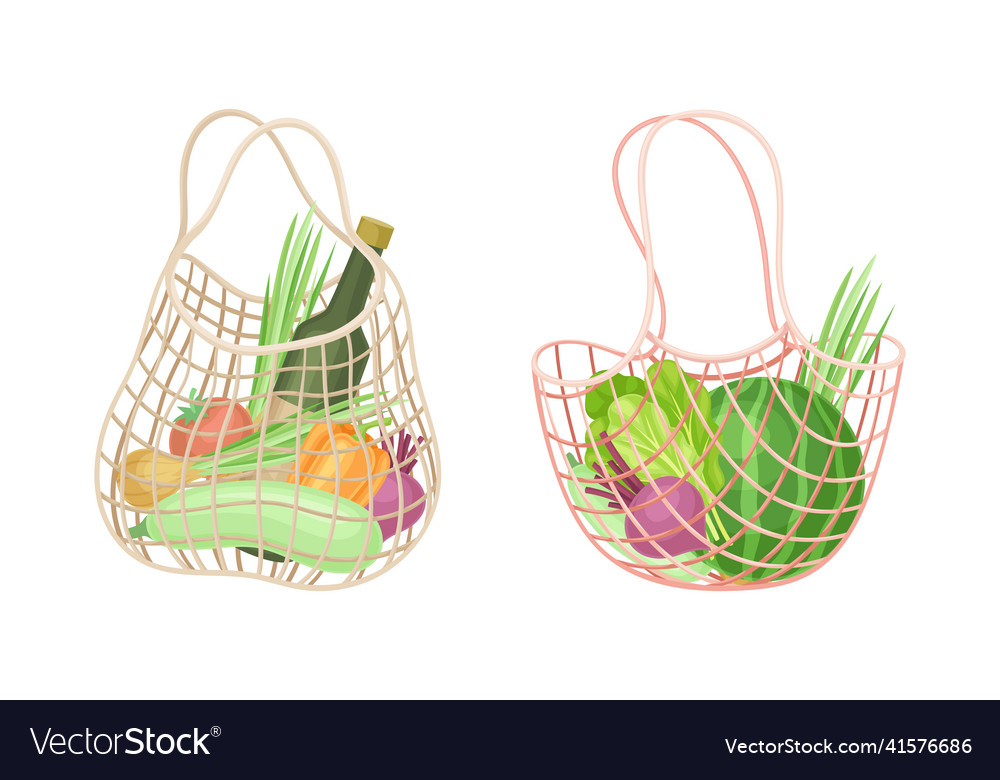 Reusable eco shopping net full of grocery products