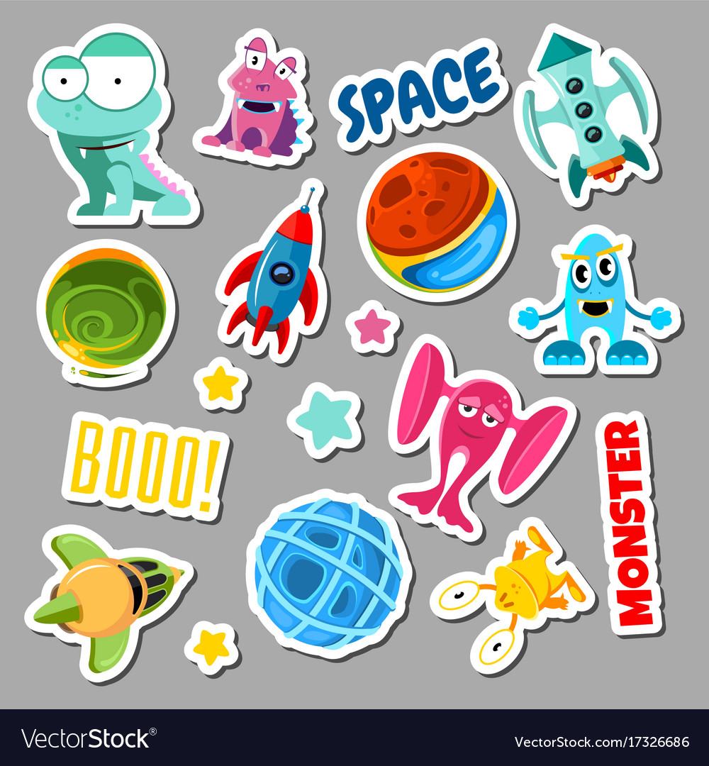 Set stickers with space objects and monsters Vector Image