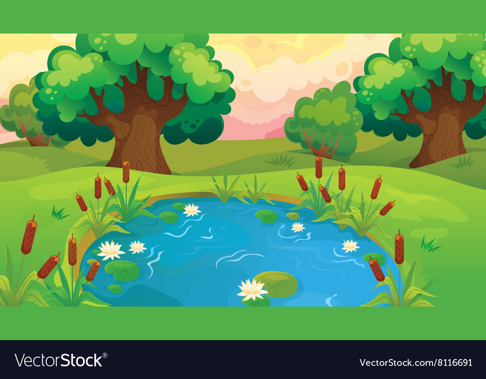 Cartoon pond near the forest Royalty Free Vector Image