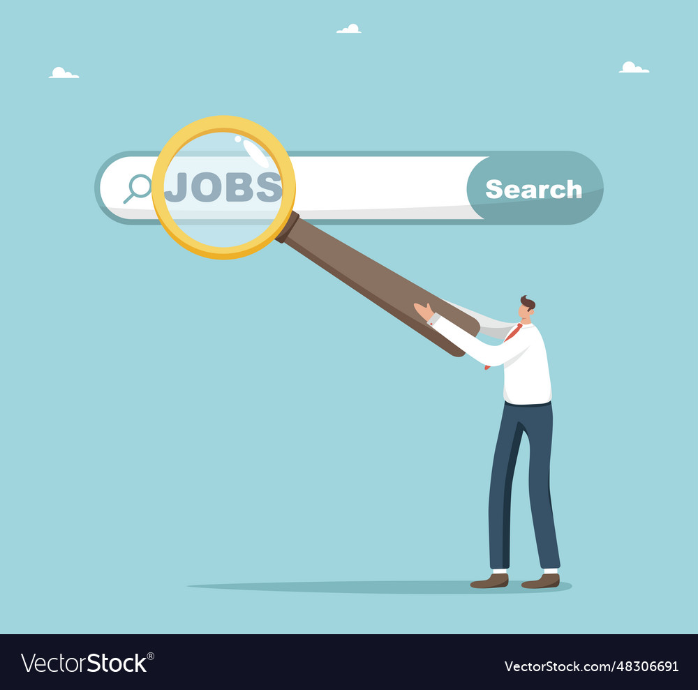 Man holds magnifier and points to search bar vector image Man holds magnifier and points to search bar