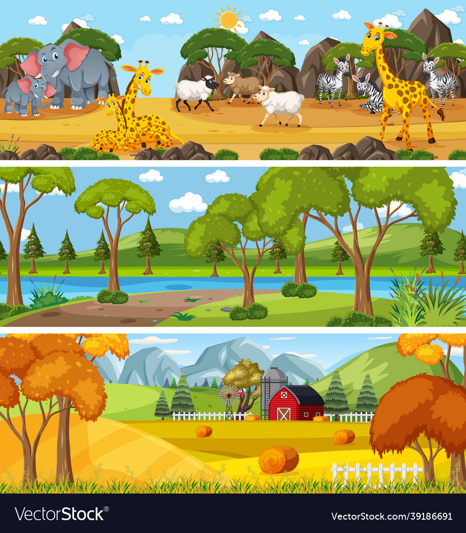 Panoramic nature landscape scene set with cartoon Vector Image