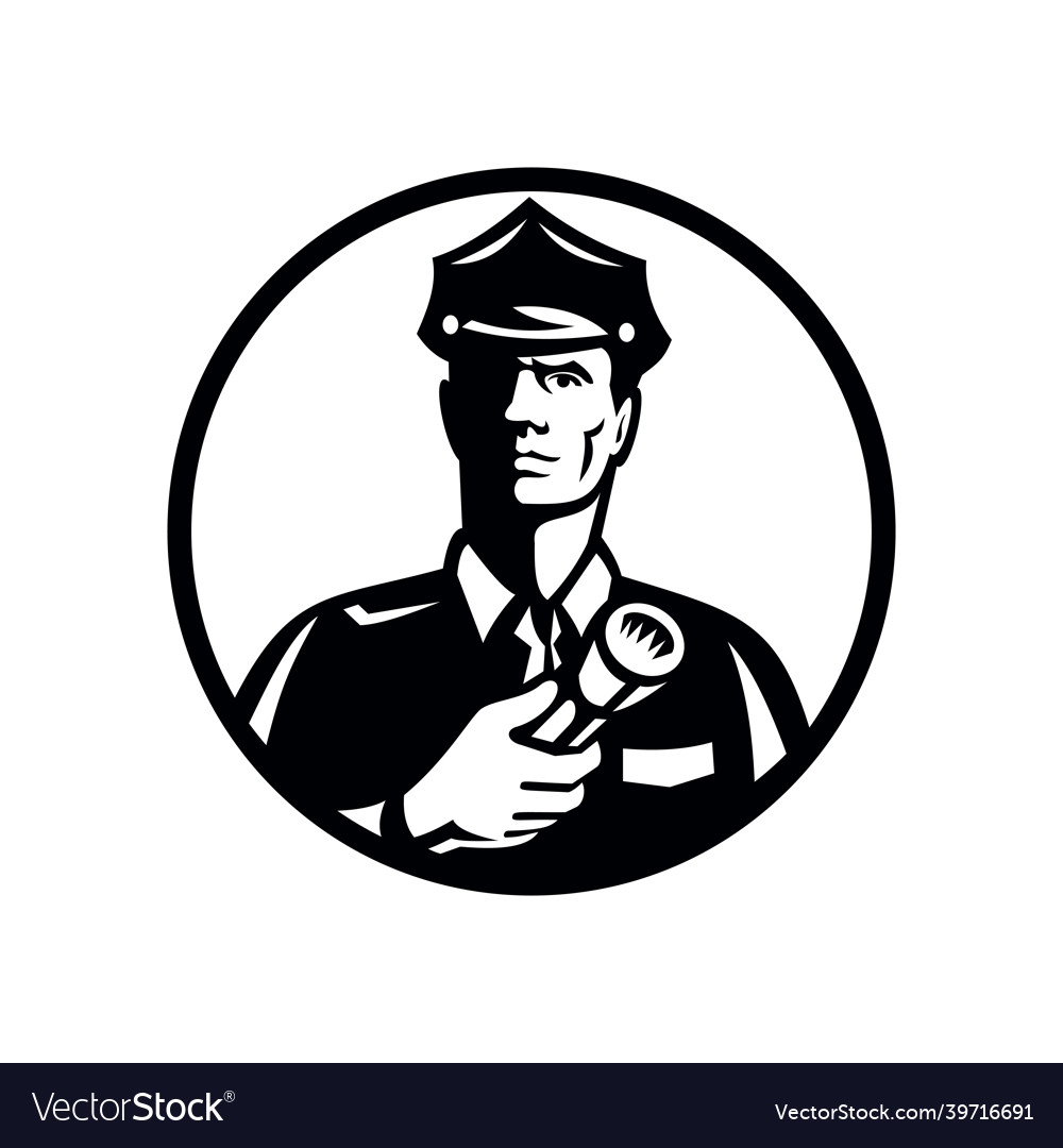 Security Guard With Flashlight Front View Circle Vector Image