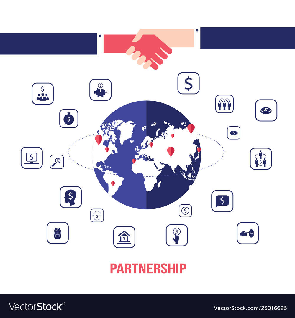 Handshake and icons for web on world map Vector Image Handshake and icons for web on world map