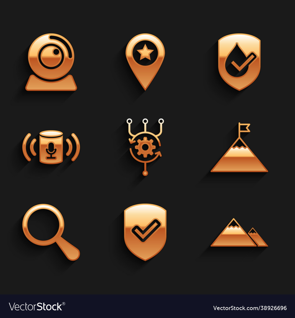 Set algorithm shield with check mark mountains