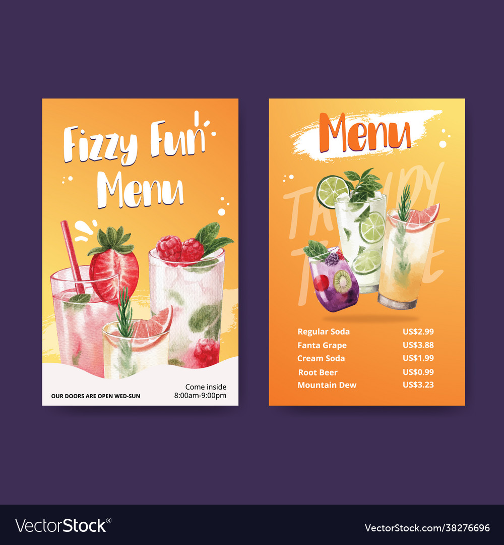 Soda drink menu leaflet and brochure watercolor Vector Image
