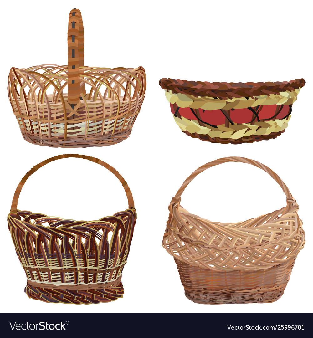 Empty wicker basket set isolated vector image Empty wicker basket set isolated