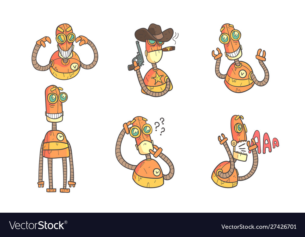 Vintage robot character set steampunk robotics vector image Vintage robot character set steampunk robotics