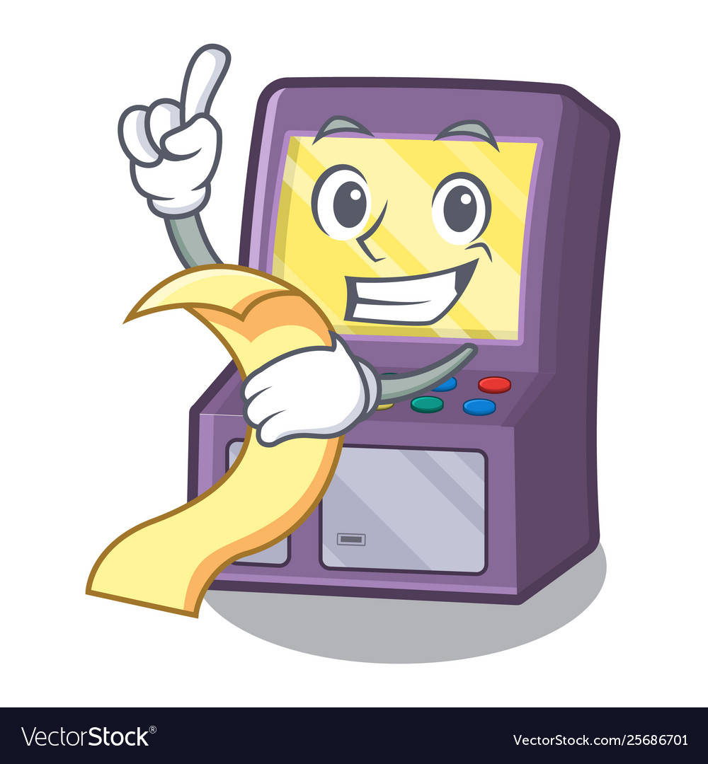 With menu arcade machine next to mascot table
