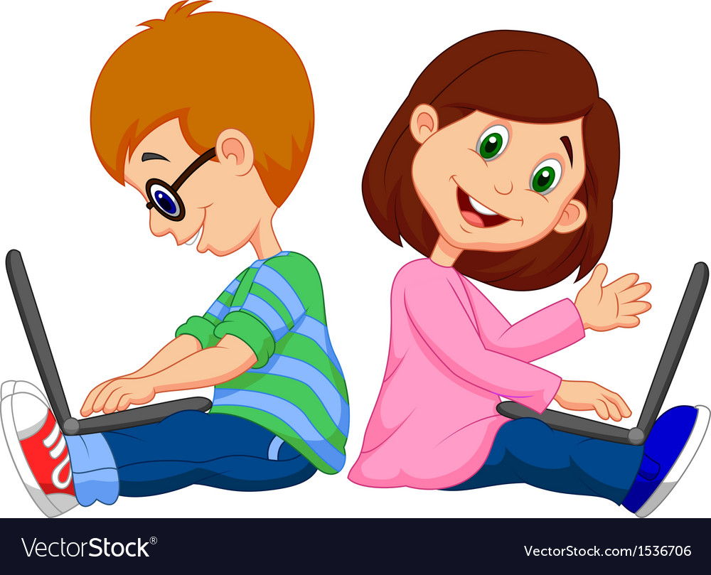 Cartoon Boy And Girl Studying With Laptop Vector Image