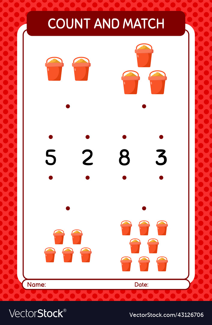 Count and match game with sand bucket worksheet Vector Image Count and match game with sand bucket worksheet