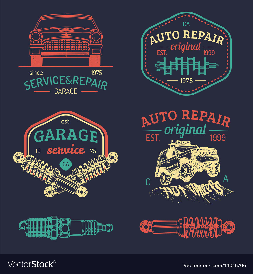 Garage logos set car repair emblems collection