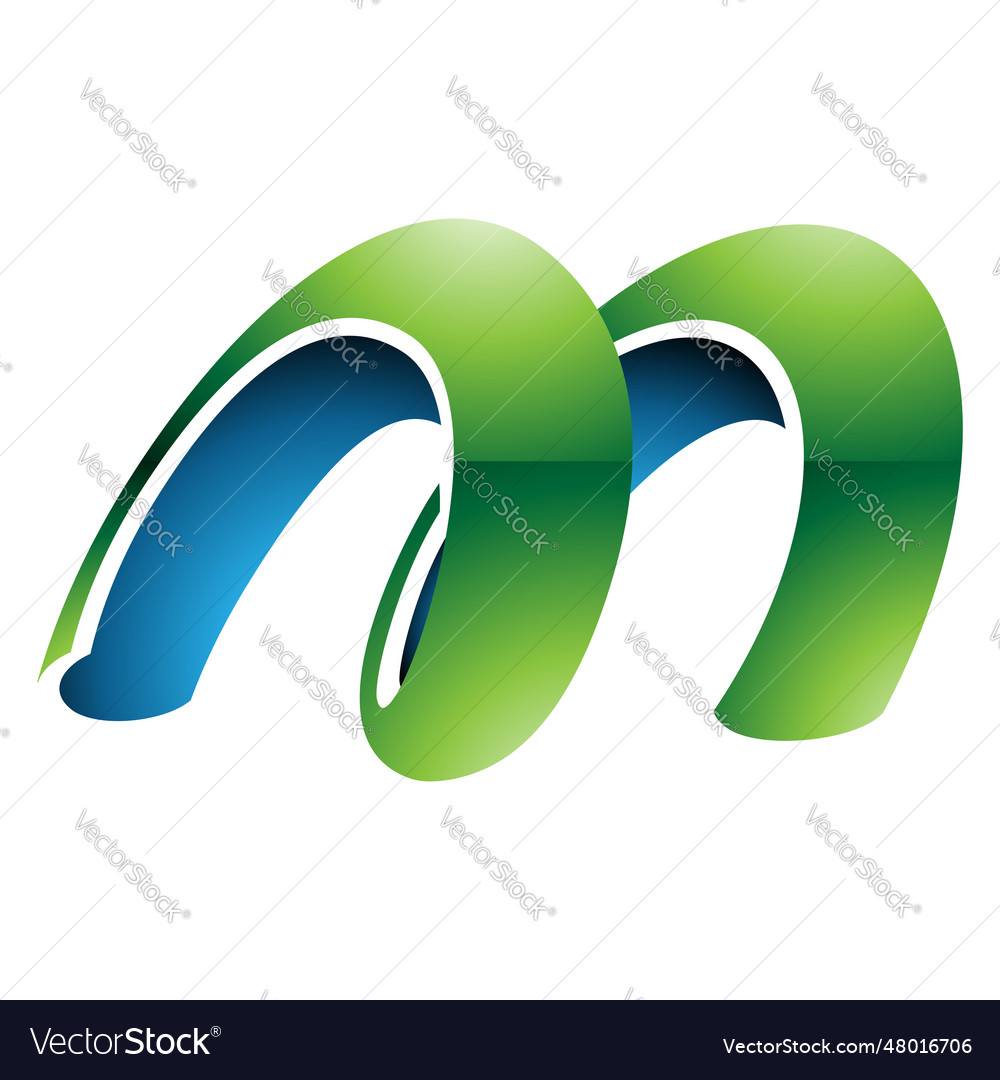 Green and blue glossy spring shaped letter m icon