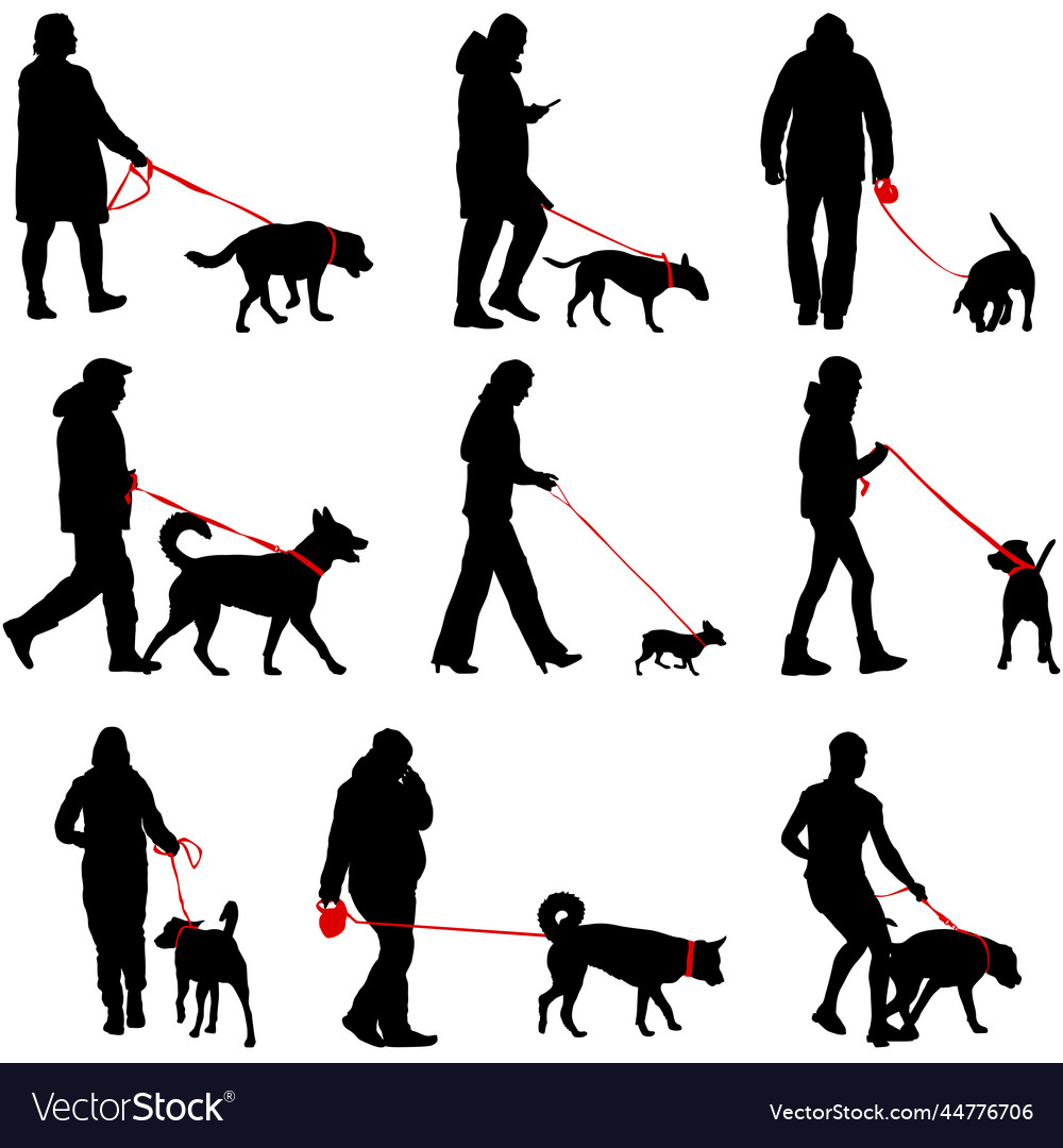 Set silhouette of people and dog on a white vector image Set silhouette of people and dog on a white