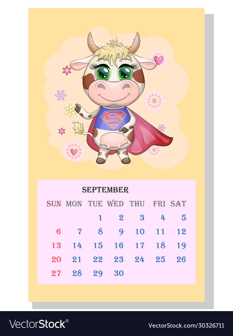 Calendar 2021 cute bull and cow for every month