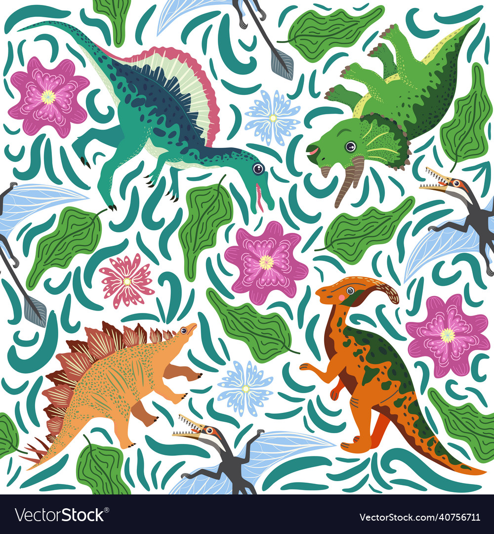 Hand drawn seamless pattern with dinosaurs