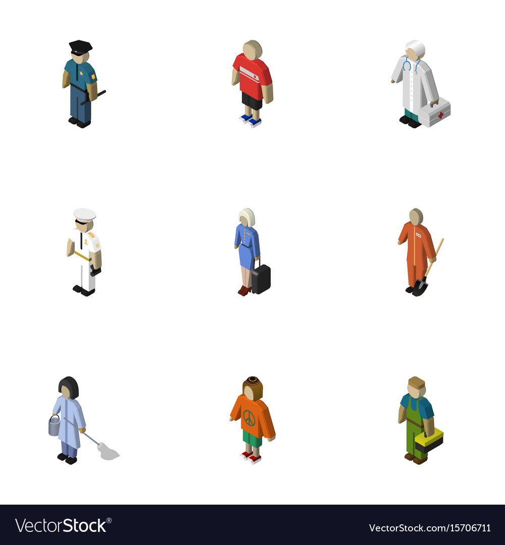 Isometric people set of guy medic cleaner