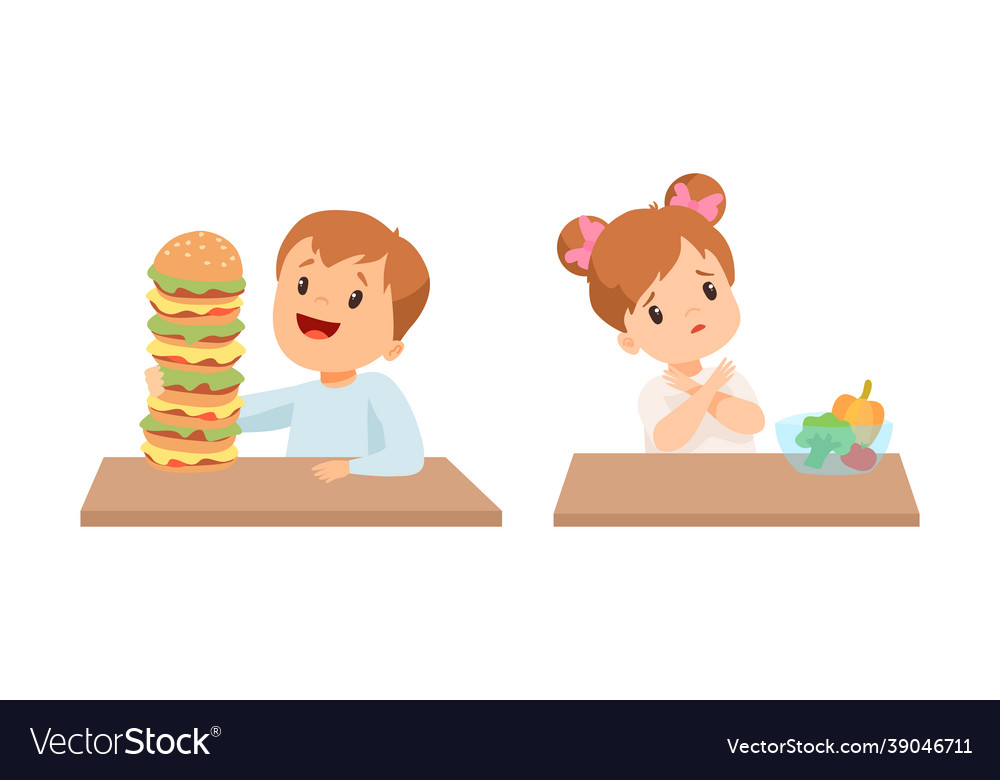 Little Boy At Table With Hamburger And Girl Vector Image