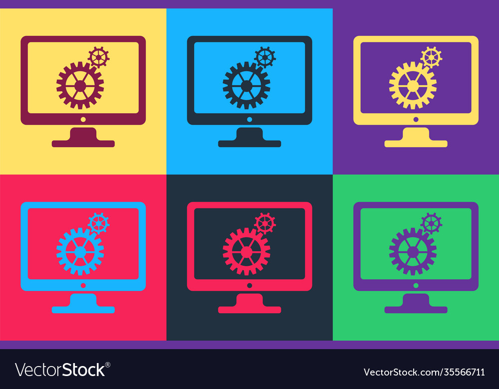 Pop art computer monitor and gears icon isolated vector image Pop art computer monitor and gears icon isolated