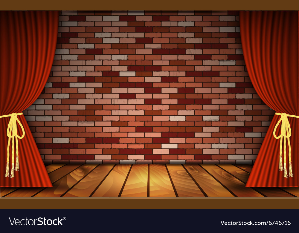 Red curtains on brick wall