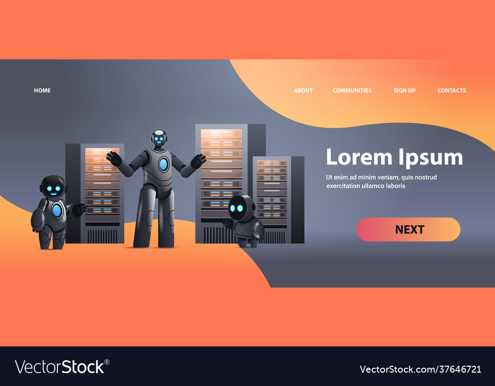 Robots in server room big cloud data analysis Vector Image Robots in server room big cloud data analysis
