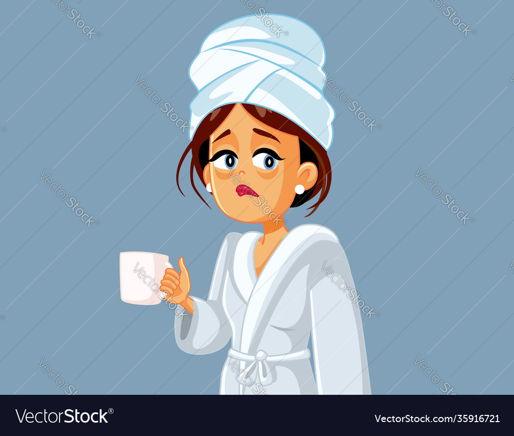 Tired woman holding coffee mug in morning Vector Image