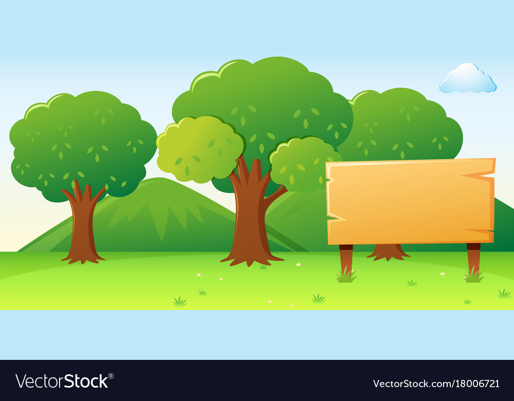 Wooden sign template with forest background Vector Image