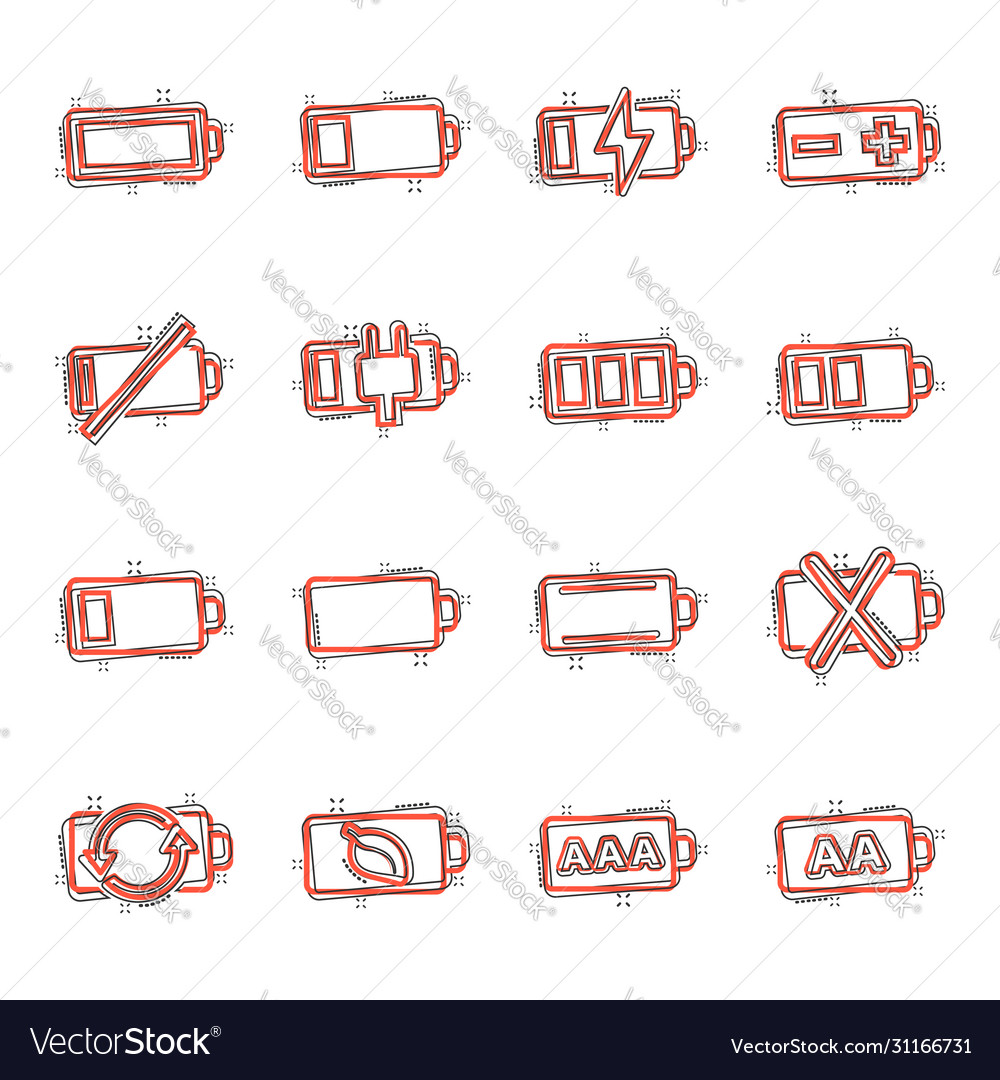 Battery charge icon set in comic style power