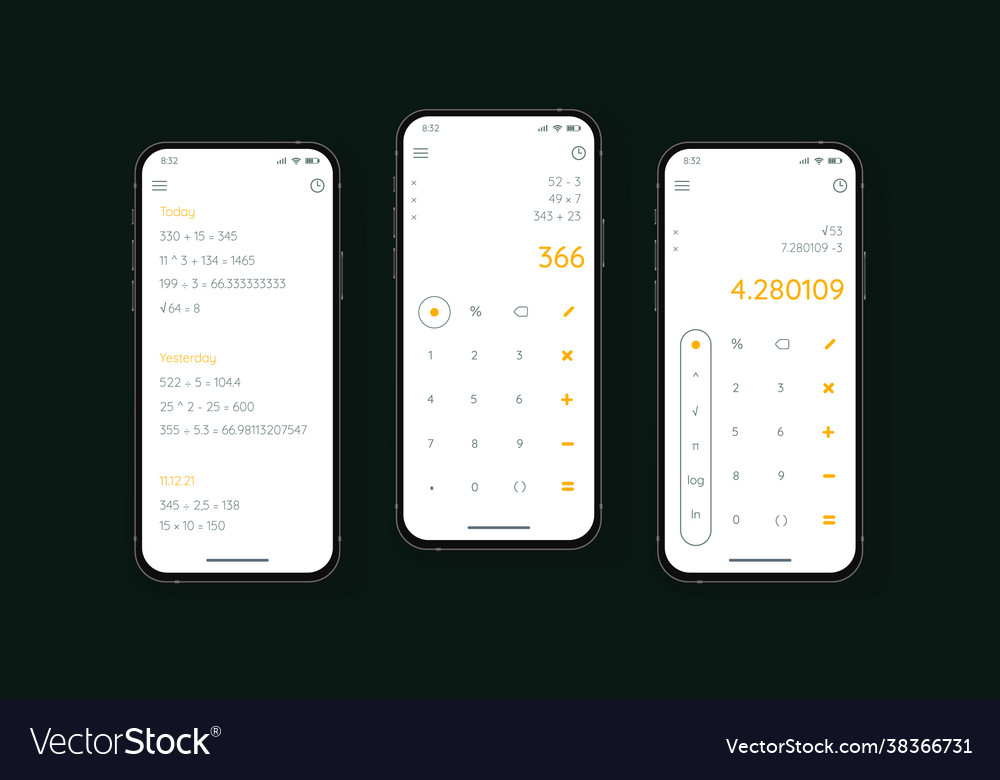 Calculator app light user interface set three vector image Calculator app light user interface set three