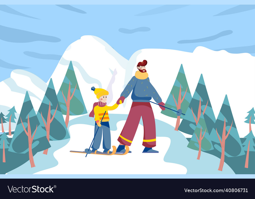 Father and son skiing at ski resort background