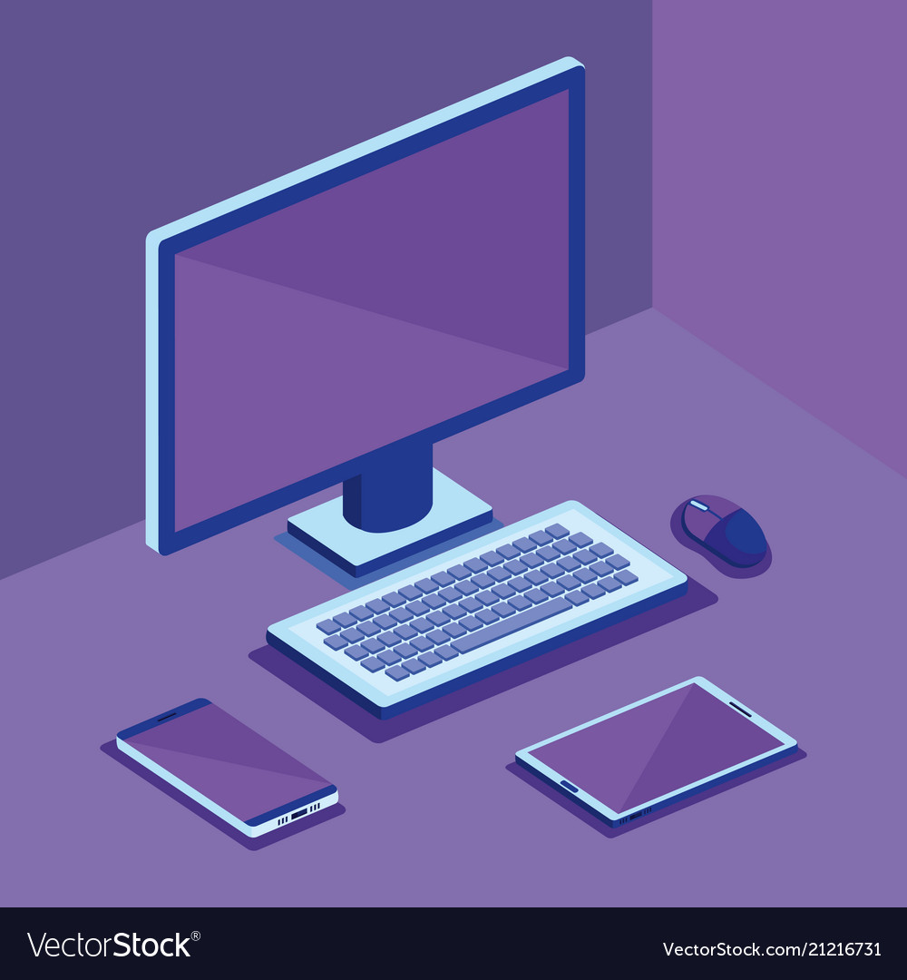 Isometric computer desktop digital technology vector image Isometric computer desktop digital technology