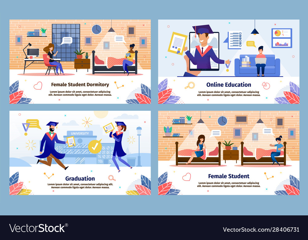 Modern students happy life flat banners set