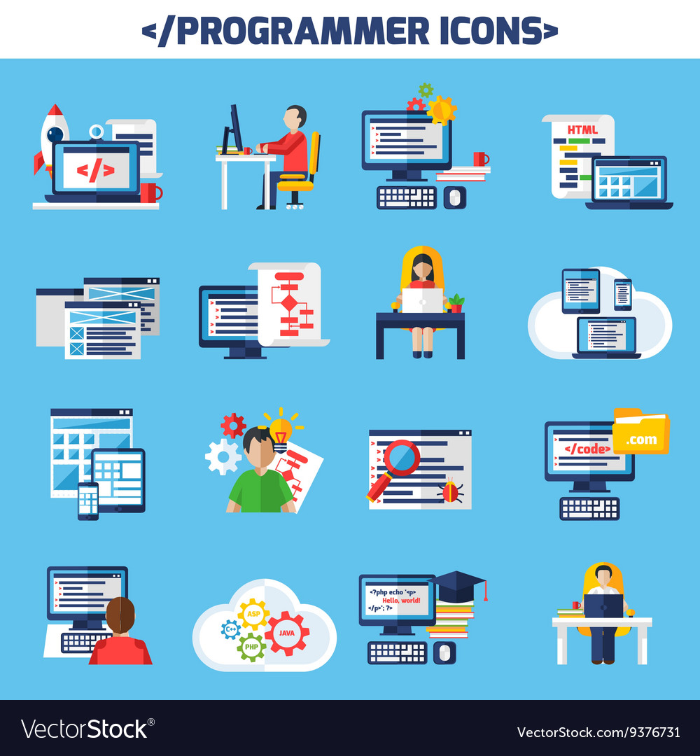 Programmer flat color decorative icons set