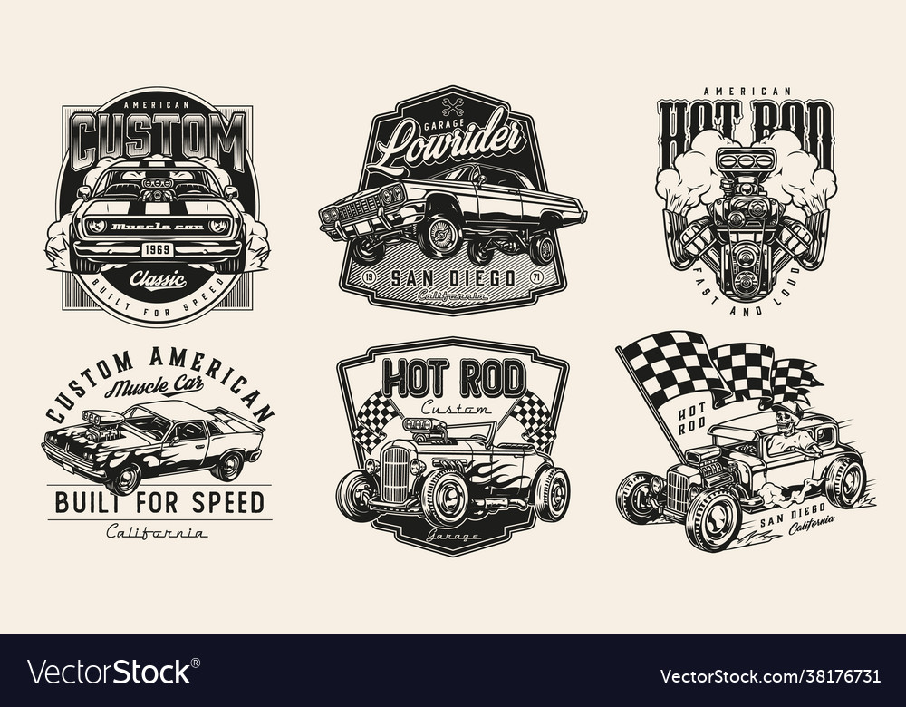 Retro custom cars vintage monochrome emblems Vector Image