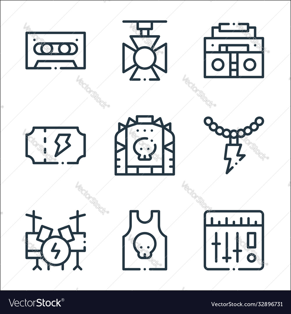 Rock n roll line icons linear set quality vector image Rock n roll line icons linear set quality