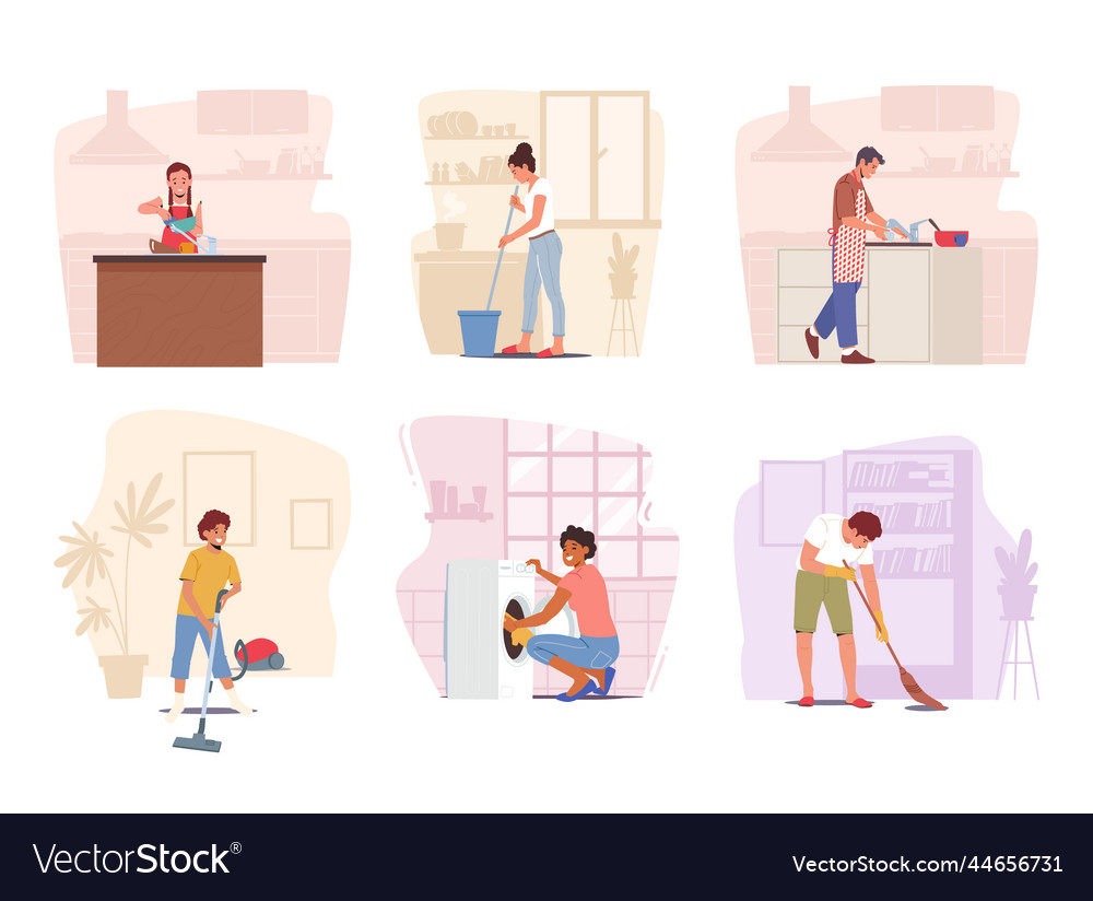 Set family cleaning home parents and kids