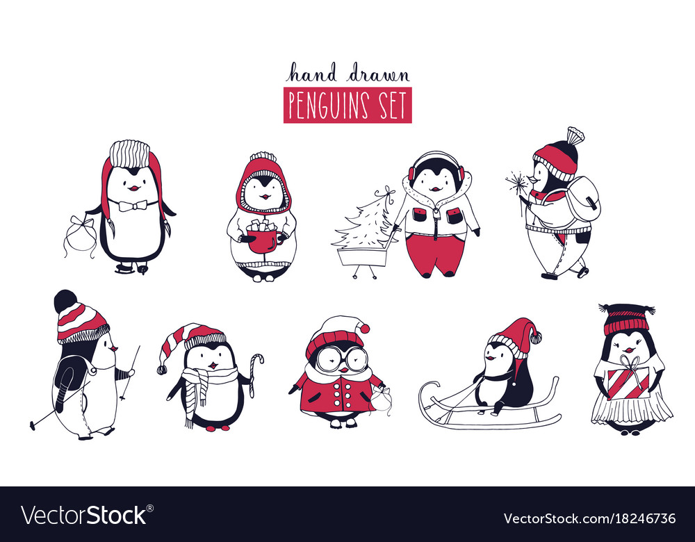 Collection of cute penguins wearing different