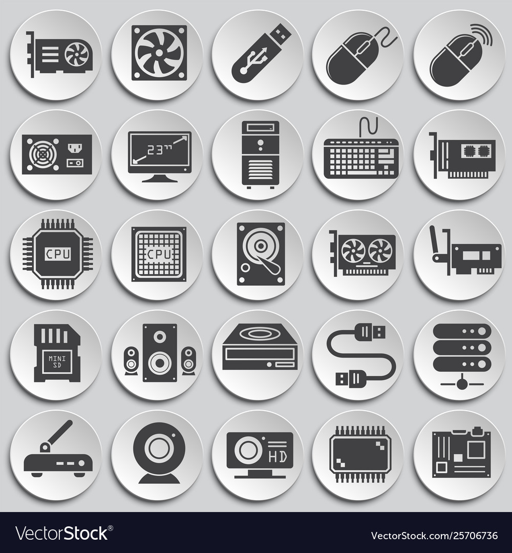 Computer hardware icons set on background