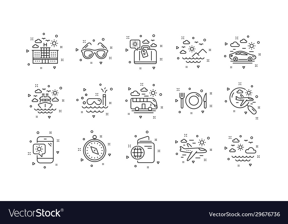 Travel line icons passport luggage and check